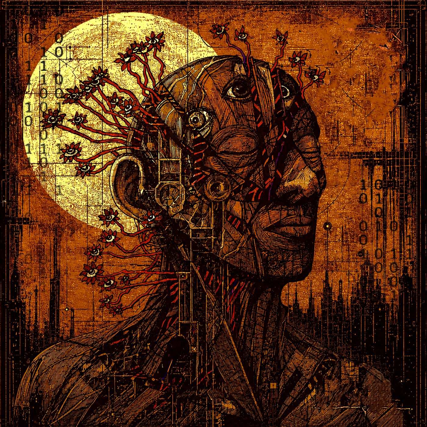 1's & 0's cover art: a mechanical human head in copper and rust, eyes blooming from wires, against a pale sun and a dark city skyline